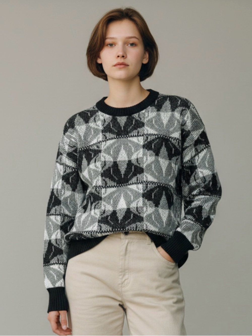 🫶🏻 Vintage Bonjour Black & Gray Patterned Crewneck Sweater